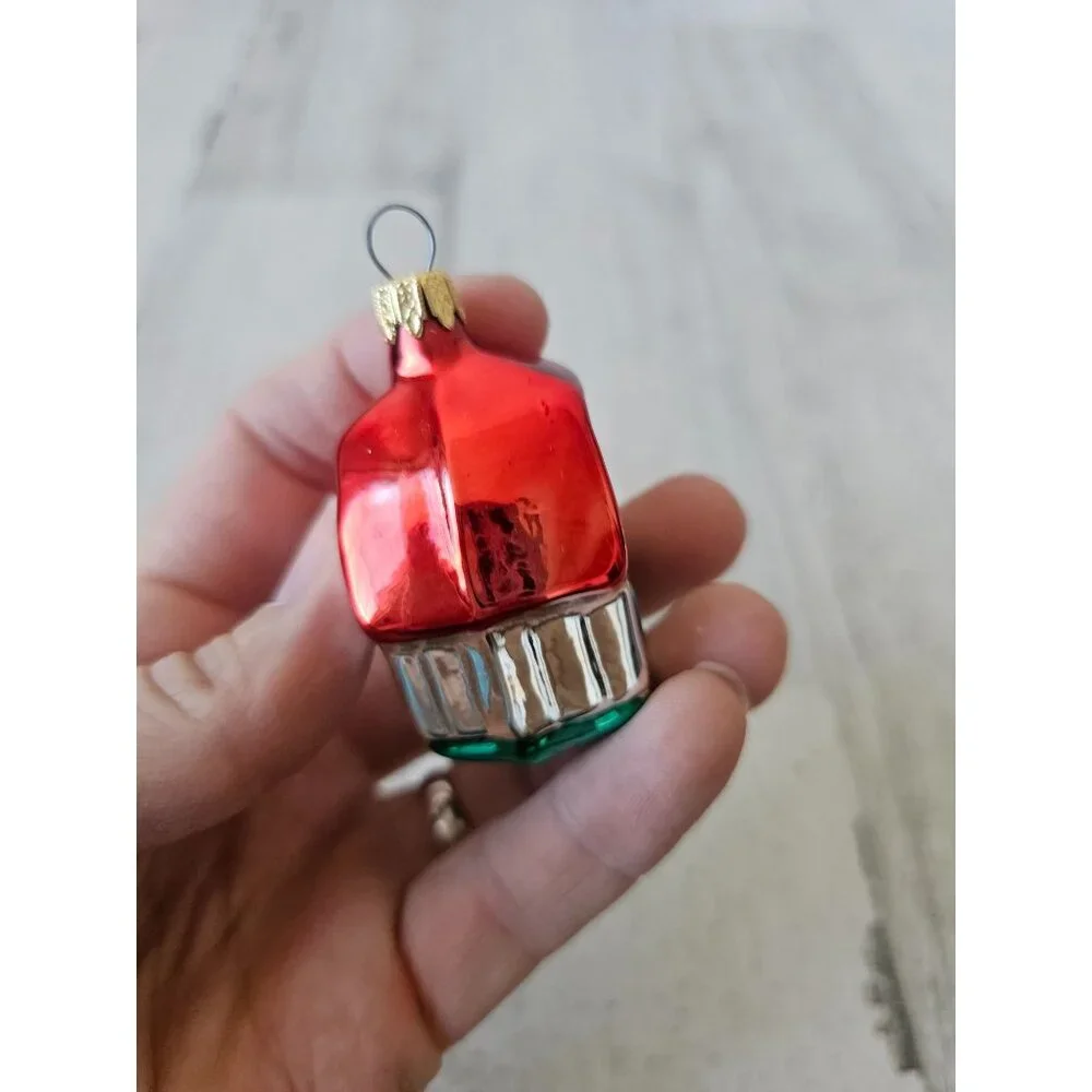 Vintage‎ Mercury glass house spiral red green mini ornament set Xmas tree